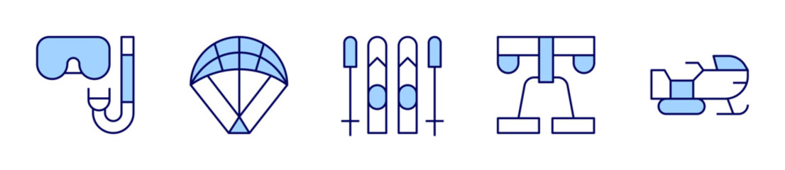 skii, snorkeling, safetyharness, parachute, snowbike. Adventure Icon vector illustration. Line Duotone style. Editable stroke