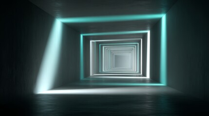 Wide-angle shot features a sleek corridor with glowing blue LED strips, leading to a digital interface bathed in cool tones, evoking a sense of wonder and technology