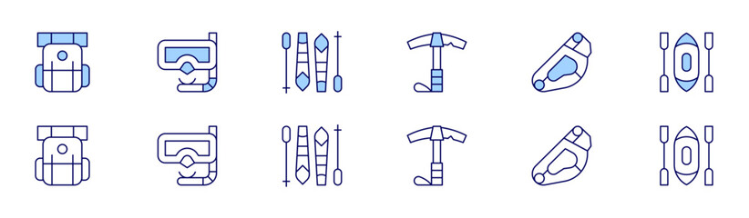 Adventure icon set in two styles, Duotone and Thin Line style. Editable stroke. camping, iceaxe, snorkel, ascend, skiequipment, canoe