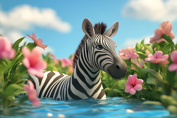 A zebra standing in a vibrant flower-filled landscape near a tranquil blue water body under a sunny sky