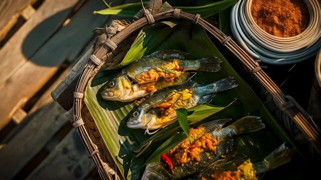 Cambodian amok fish in banana leaves, steamed with curry paste and coconut milk. A traditional and flavorful dish from Cambodia