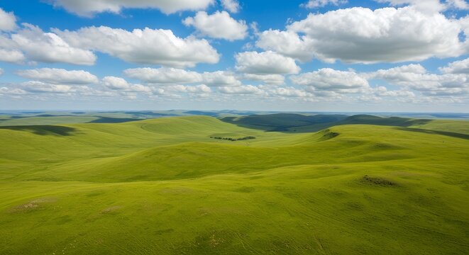 Rolling green hills under blue sky with white clouds