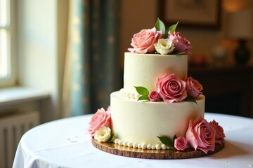 Fototapeta premium Elegant wedding cake decorated with fresh flowers, sitting on a white table , frosting, autumn