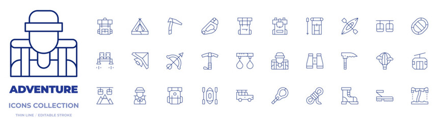 Adventure icons collection. Thin Line icons, editable stroke. adventure, adventurer, archery, ascend, backpack, binoculars, boot, cablecar, cablecarcabin, canoe
