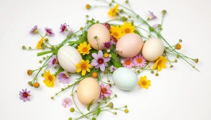 Obraz premium Pastel eggs, greenery, wildflowers scattered on white background; ample copy space, decoration, simple