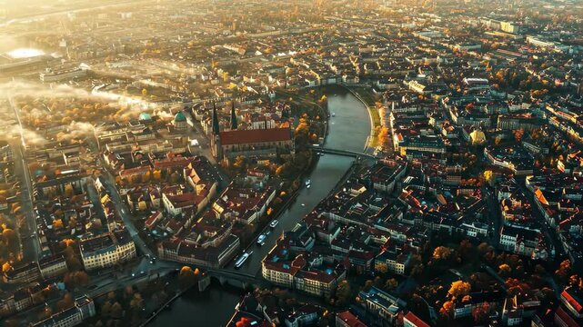Aerial view showcasing the stunning city of Augsburg in Germany during a sunny day, Aerial view of the city Augsburg in Germany ona sunny morning in autumn