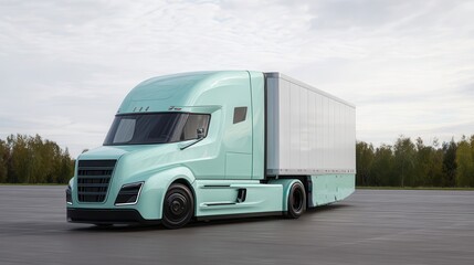 Fototapeta premium Modern light-green semi-truck on paved surface.