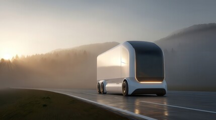 Futuristic white semi-truck on a misty road at sunrise.