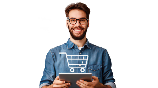 Smiling Man with Shopping Cart Icon on Tablet