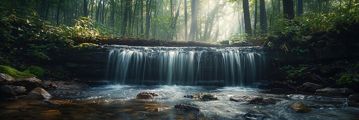 Tranquil forest waterfall cascading down rocks