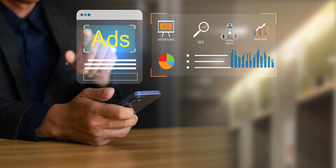 Online selling concept, digital marketing, online advertising strategy analysis on websites and social media, digital marketing, advertising, product advertising, product or service promotion