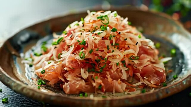 Maldivian mas huni, shredded smoked tuna mixed with coconut and onions, served on a small plate. A traditional and flavorful dish from the Maldives