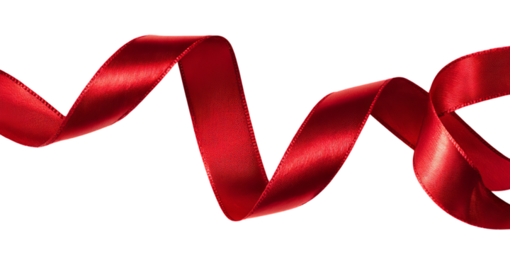 Elegant red satin ribbon in a flowing twist, perfect for festive decor, gift wrapping, and design accents. High-quality PNG with transparent background for easy customization.