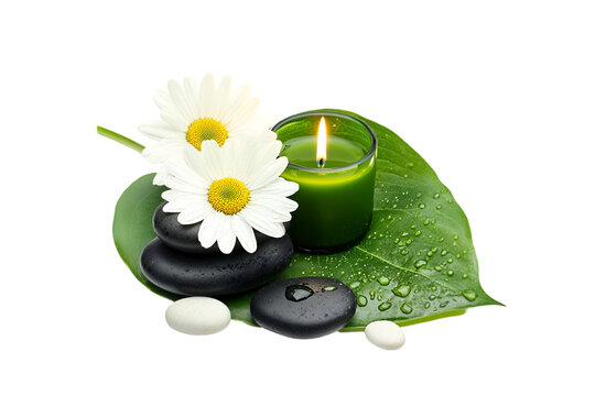 Serene Spa Scene Green Candle Daisies Stones Leaf