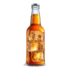 Chilled Amber Drink in a Glass Bottle with Ice Cubes , isolated on white background png