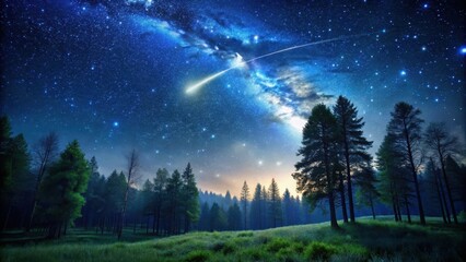Forest Landscape at Night with Shooting Star, astronomical event, night sky,  astronomical event