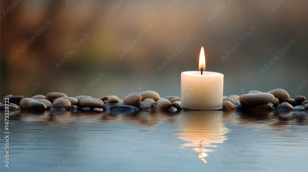 Aufkleber Candle emits a warm glow on smooth stones at the water's edge, creating peaceful reflections in soft golden light during the evening