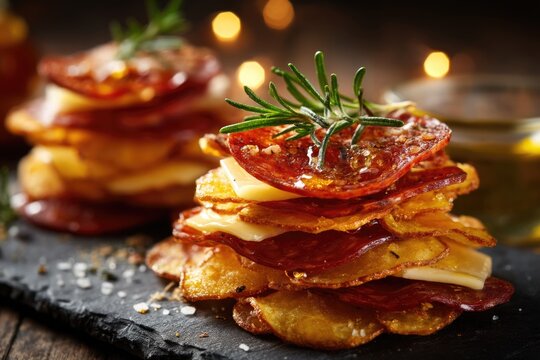 Layered chips topped with savory meats and cheese create an enti