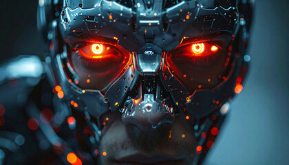 Cybernetic Gaze: A close-up shot of a cyborg's metallic face, its fiery red eyes glowing with intensity, embodies technological singularity and futuristic design.