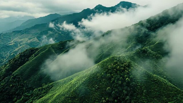 Aerial view showcasing lush tea farms in the mountains of Taiwan during cloudy weather, Aerial shot tea farm in the mountains of Taiwan with low clouds