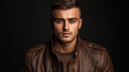 Obraz premium Man with faded crew cut, dressed in a sleek leather jacket, embodying a look of clean rebellion.