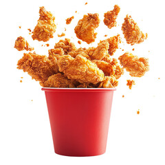 Crispy indulgence: Delicious fried chicken spilling from a vibrant red bucket