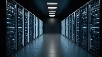 Dark, server room interior with illuminated equipment.
