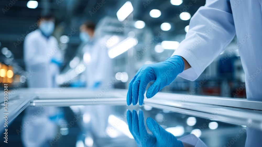 Poster Technician in gloves carefully applies a protective coating to a shiny white vehicle panel in a bright workshop, creating a precise finish while ensuring quality