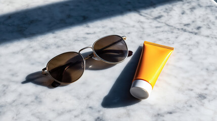 Sunglasses and sunscreen on marble surface, casting shadows in sunlight