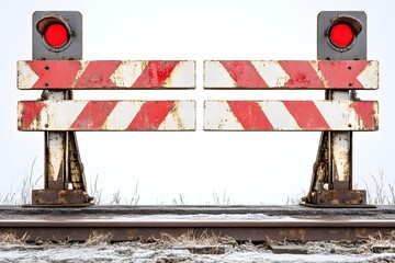 Railroad crossing gate with red lights and white and red stripes in winter landscape scene view