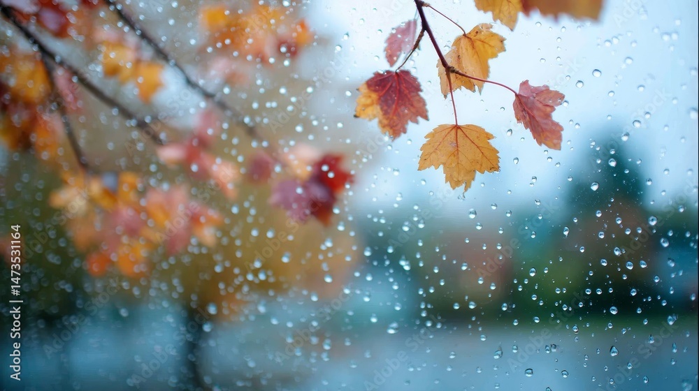 Poster raindrops cling to glass, framing the vibrant autumn leaves outside. a soft light filters through th