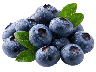 Fresh Blueberries with Green Leaves on Transparent Background, PNG