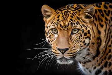 Obraz premium Intense Leopard Close-Up Portrait – Realistic Wildlife Focus with Dark Background