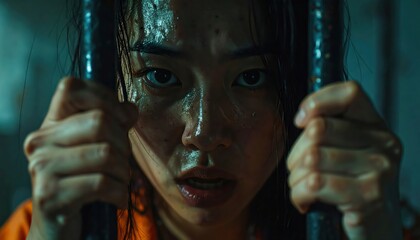 Emotional Portrait of Woman Behind Bars – Prisoner Gripping Iron Bars with Desperate Expression in Low Light