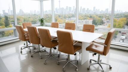 Sleek meeting room designed for collaboration showcases tan executive chairs and a stylish white conference table, framed by expansive windows with a city skyline view