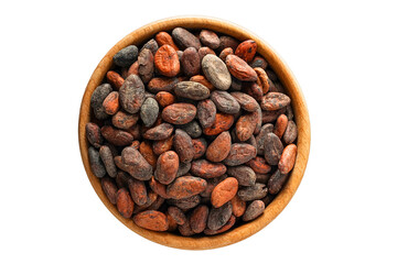 Cacao beans displayed in a round wooden bowl highlighting their earthy tones and organic shape,...