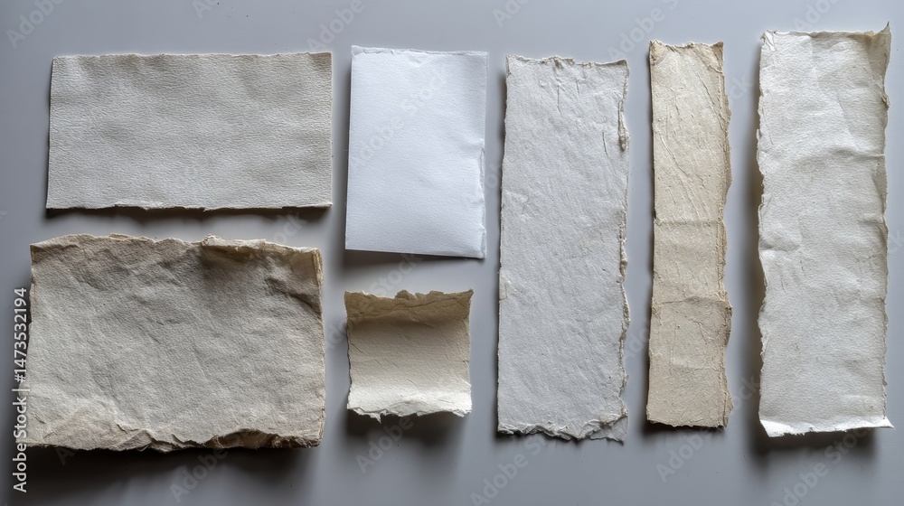 Poster Collection of vintage torn paper pieces arranged on a flat surface for use in artistic collages, featuring distinct shapes and edges for creative projects