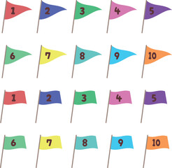 風になびくカラフルな順位の旗の数字アイコンイラストセット