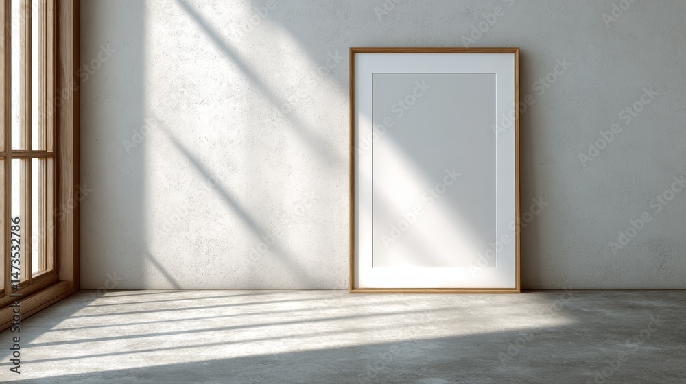 Poster A front-facing view captures a blank frame placed against a soft beige wall. Shadows gently fall around it, creating a serene and calm atmosphere