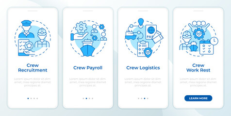 Maritime crew management blue onboarding mobile app screen. Ship staff. Walkthrough 4 steps editable graphic instructions with linear concepts. UI, UX, GUI. Montserrat SemiBold, Regular fonts used