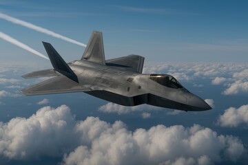 Stealth fighter jet in flight above the clouds, modern military aircraft