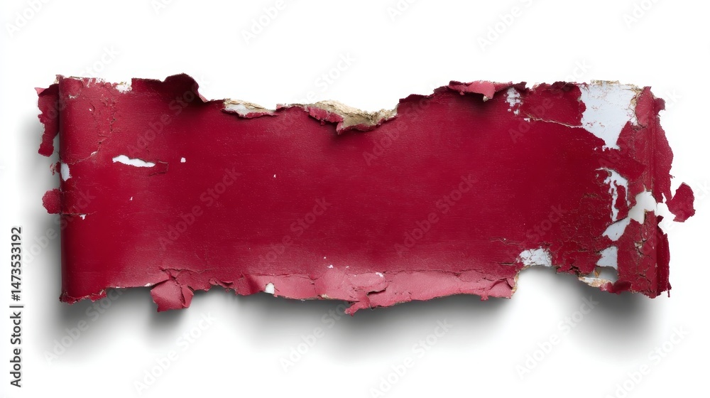 Poster Irregular red paper label features torn edges and curled corners, displayed on a plain white backdrop, showcasing its unique texture and color contrasts