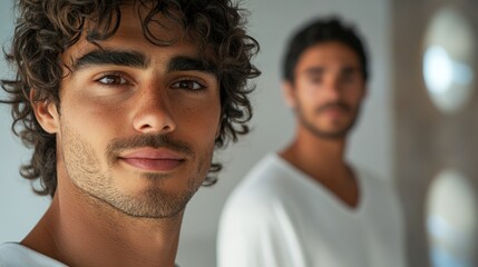 Curly-haired man with medium brown complexion in casual street fashion, his expression relaxed yet reflective of diverse cultures.