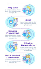 Ship management system solutions infographic vertical sequence. Marine logistics regulation. Visualization infochart with 5 steps. Circles workflow. Montserrat SemiBold, Lato Regular fonts used © bsd studio