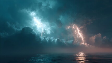 Obraz premium Dramatic lightning storm illuminates the ocean with multiple bolts striking the dark clouds at twilight