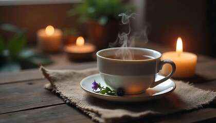 Fototapeta premium Warm Cup of Tea Steam Cozy Atmosphere Candles Wooden Table Relaxation