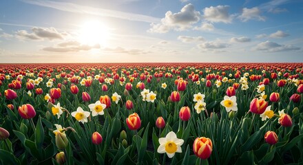 Field of Colorful Tulips Under Sunny Sky