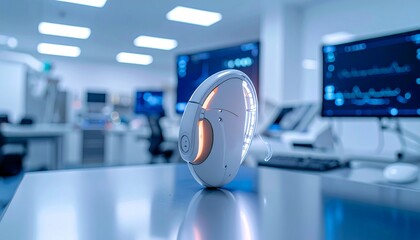 Sleek, futuristic medical device sits on a metal table in a high-tech, sterile lab setting