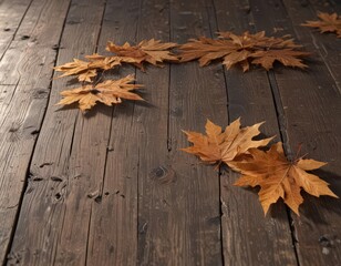 Crisp maple leaves on weathered wood planks, sunlight filtering through ,  backdrop,  golden hour