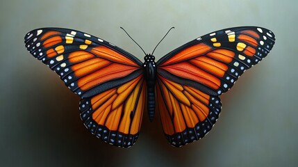 Fototapeta premium A close-up of a monarch butterfly with its distinctive orange and black wings in flight, showcasing the beauty and grace of this migratory insect
